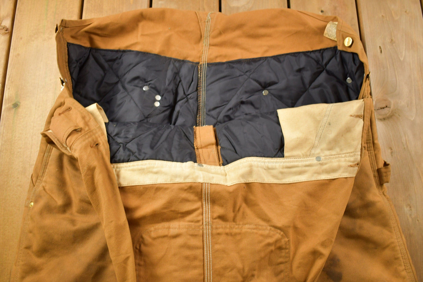 Vintage 1990s Carhartt Beige Double Knee Canvas Quilted Overalls Men's 44 x 30 from propervintagecanada
