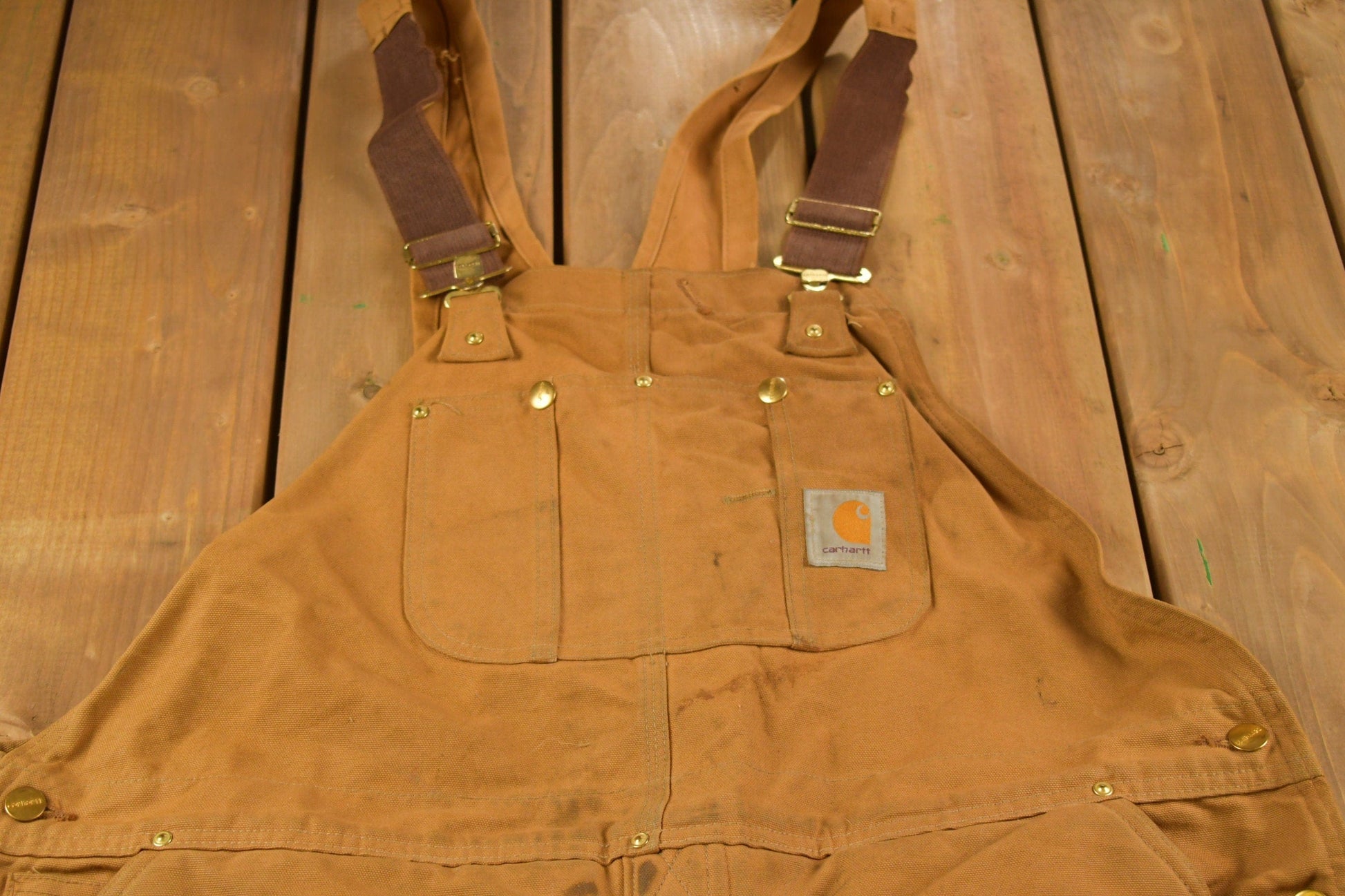 Vintage 1990s Carhartt Beige Double Knee Canvas Quilted Overalls Men's 44 x 30 from propervintagecanada