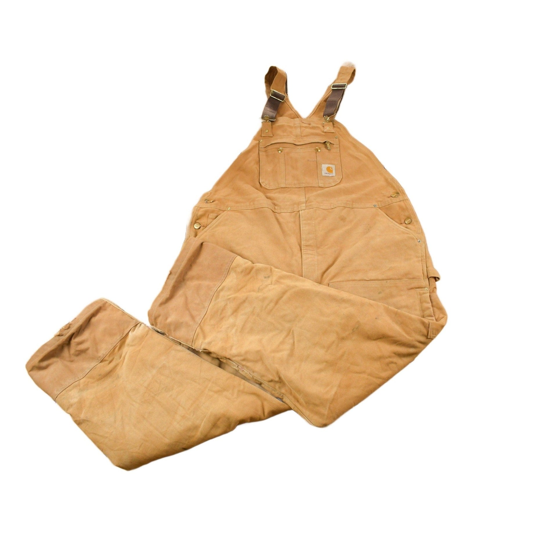 Vintage 1990s Carhartt Beige Double Knee Canvas Quilted Overalls Men's 46 x 30 from propervintagecanada
