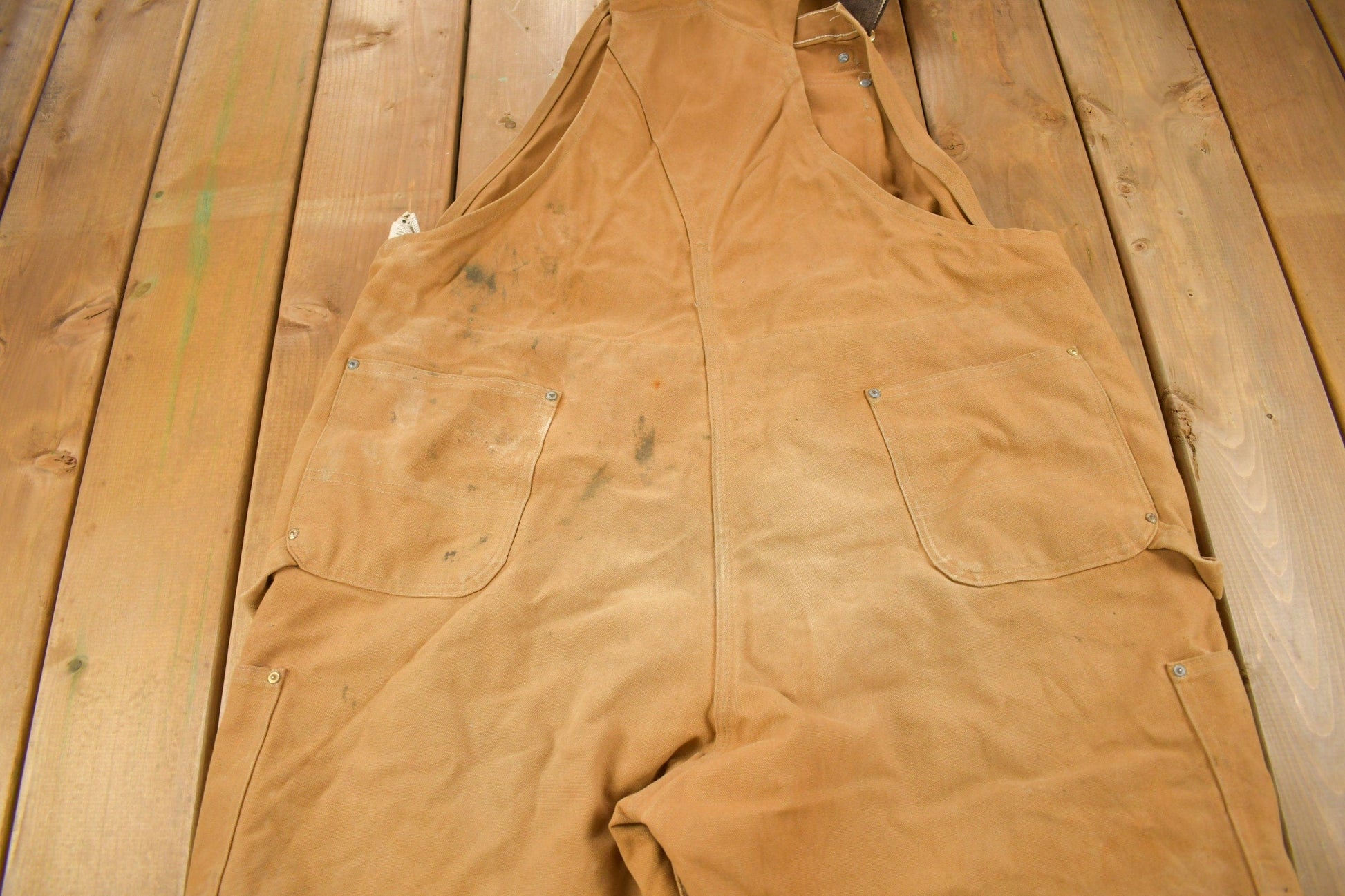 Vintage 1990s Carhartt Beige Double Knee Canvas Quilted Overalls Men's 46 x 30 from propervintagecanada