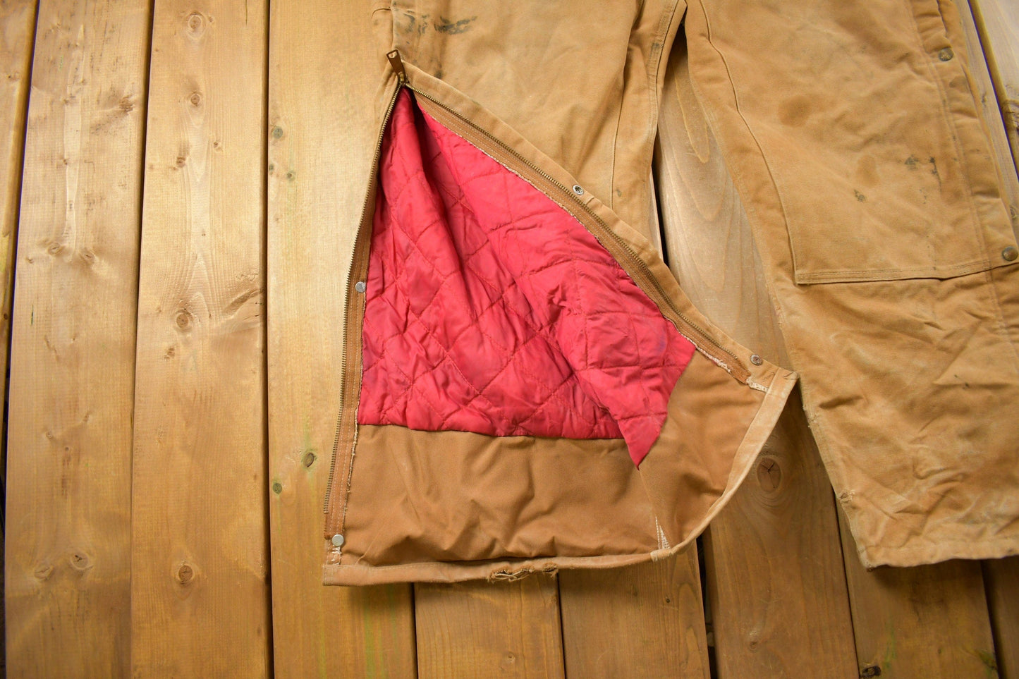 Vintage 1990s Carhartt Beige Double Knee Canvas Quilted Overalls Men's 46 x 30 from propervintagecanada
