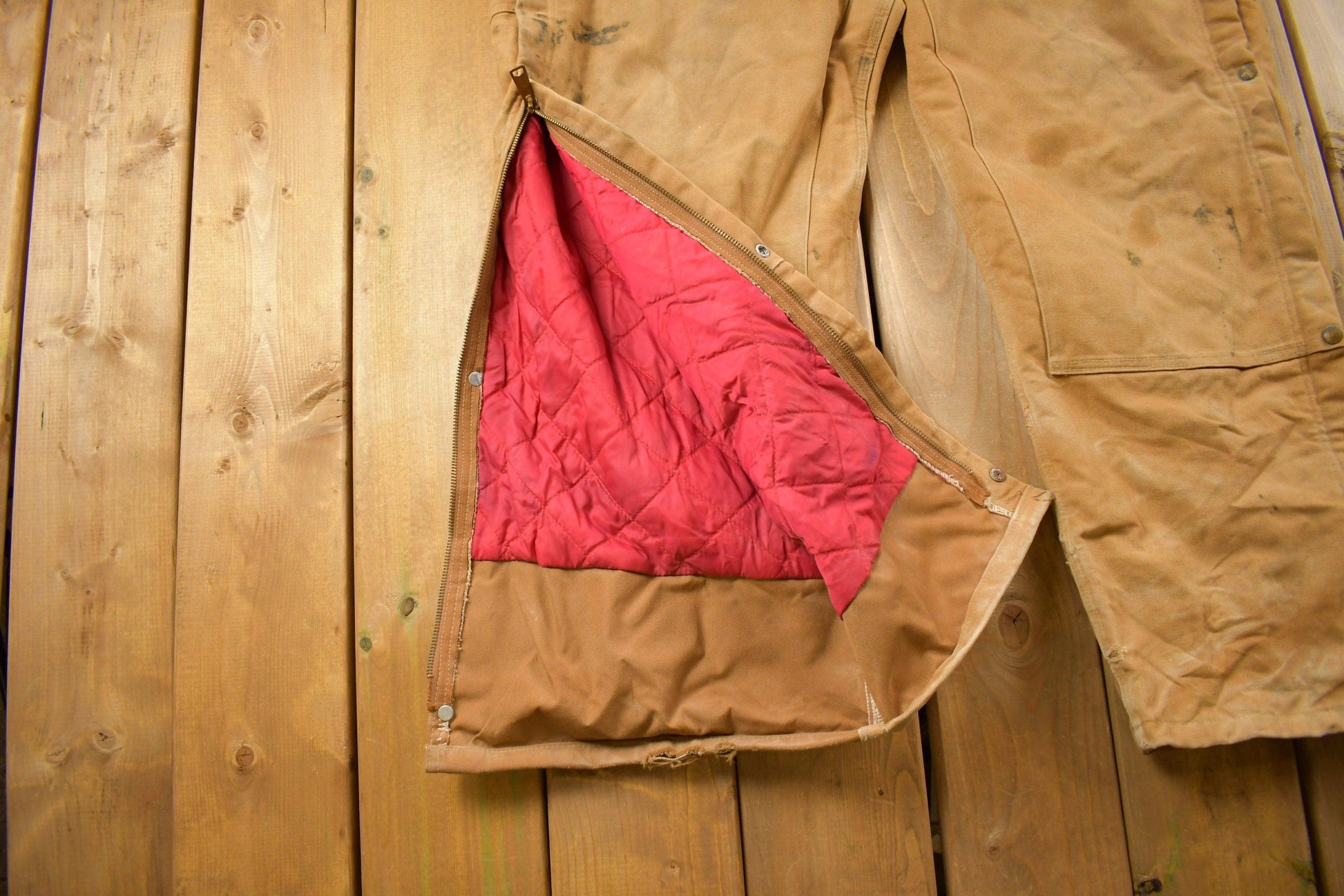 Vintage 1990s Carhartt Beige Double Knee Canvas Quilted Overalls Men's 46 x 30 from propervintagecanada