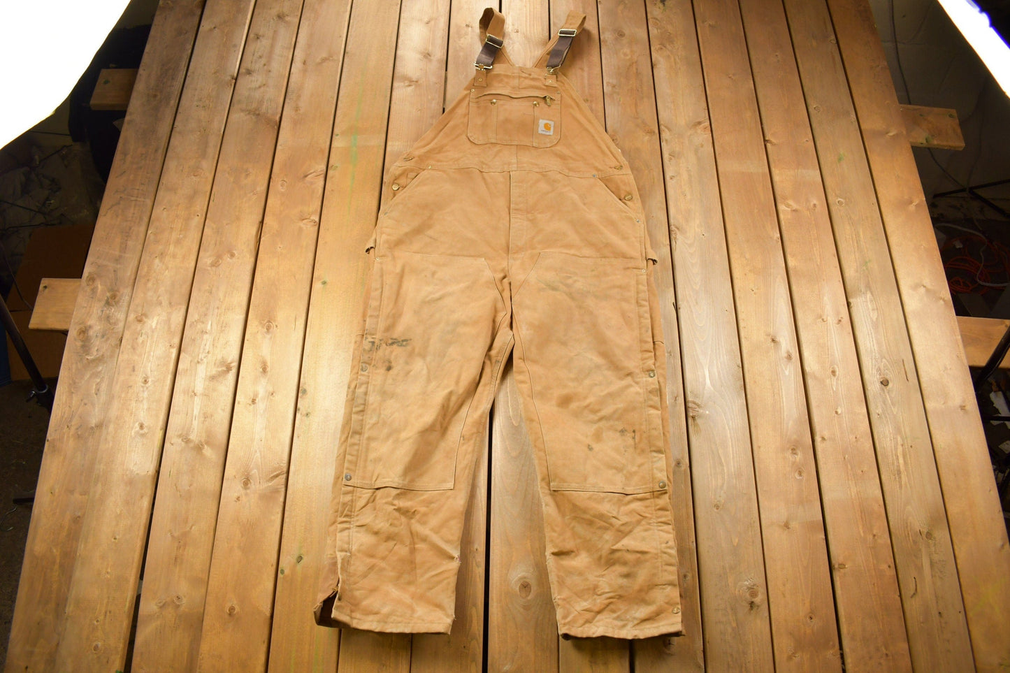 Vintage 1990s Carhartt Beige Double Knee Canvas Quilted Overalls Men's 46 x 30 from propervintagecanada