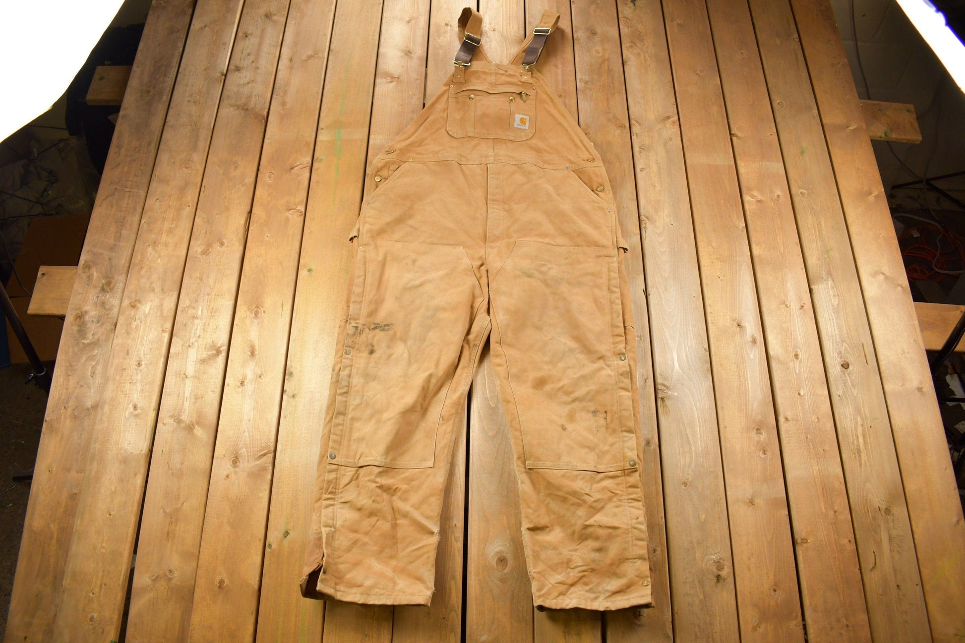Vintage 1990s Carhartt Beige Double Knee Canvas Quilted Overalls Men's 46 x 30 from propervintagecanada