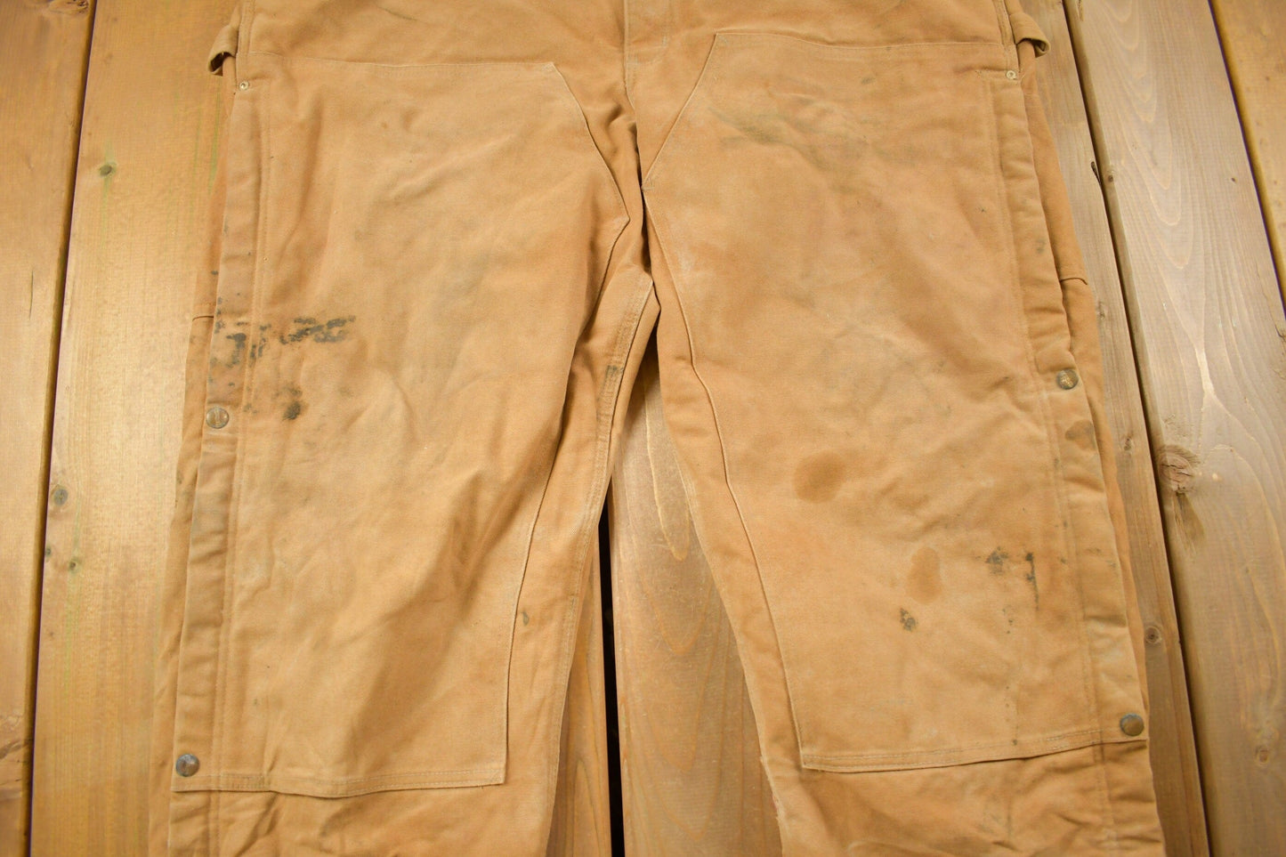 Vintage 1990s Carhartt Beige Double Knee Canvas Quilted Overalls Men's 46 x 30 from propervintagecanada