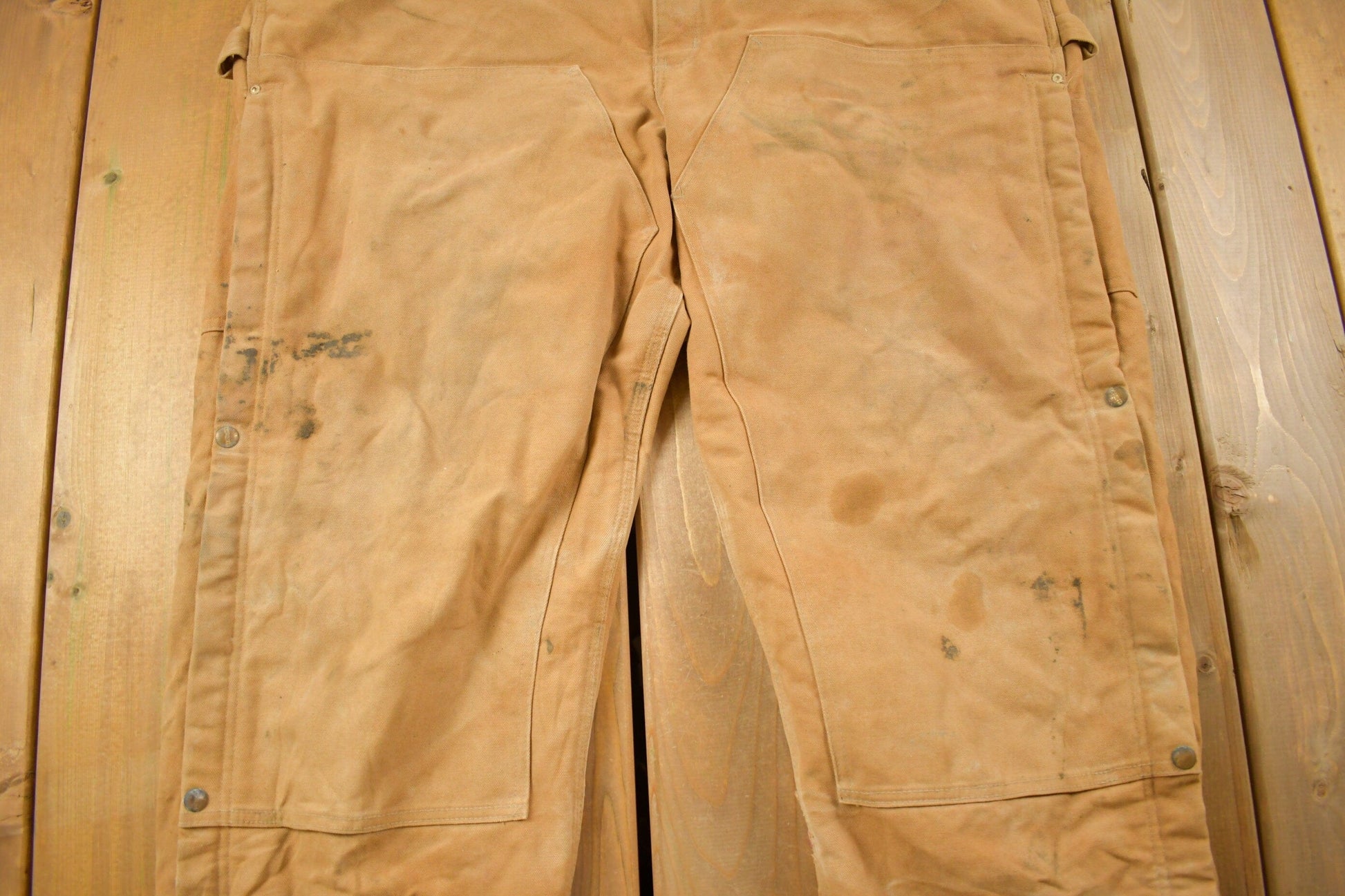 Vintage 1990s Carhartt Beige Double Knee Canvas Quilted Overalls Men's 46 x 30 from propervintagecanada