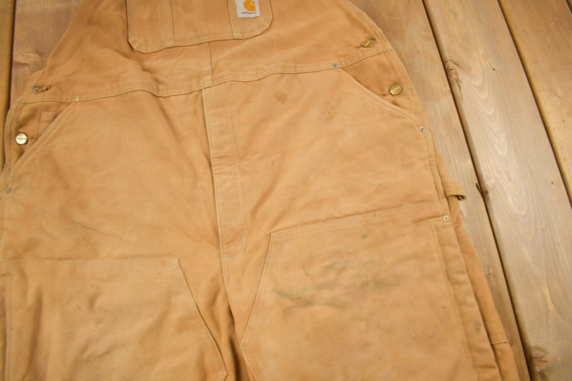 Vintage 1990s Carhartt Beige Double Knee Canvas Quilted Overalls Men's 46 x 30 from propervintagecanada