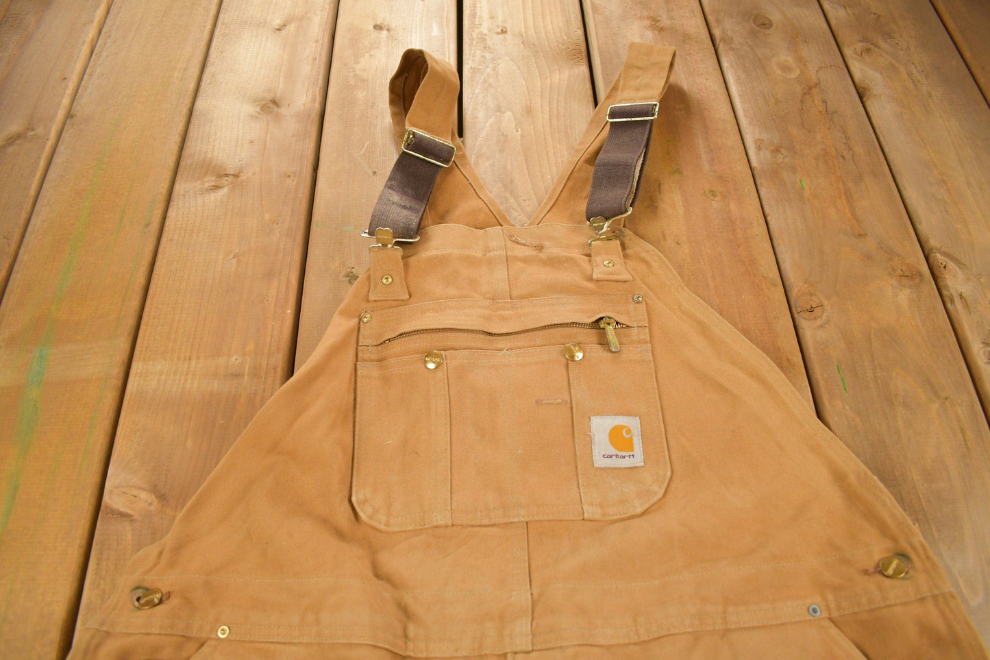 Vintage 1990s Carhartt Beige Double Knee Canvas Quilted Overalls Men's 46 x 30 from propervintagecanada