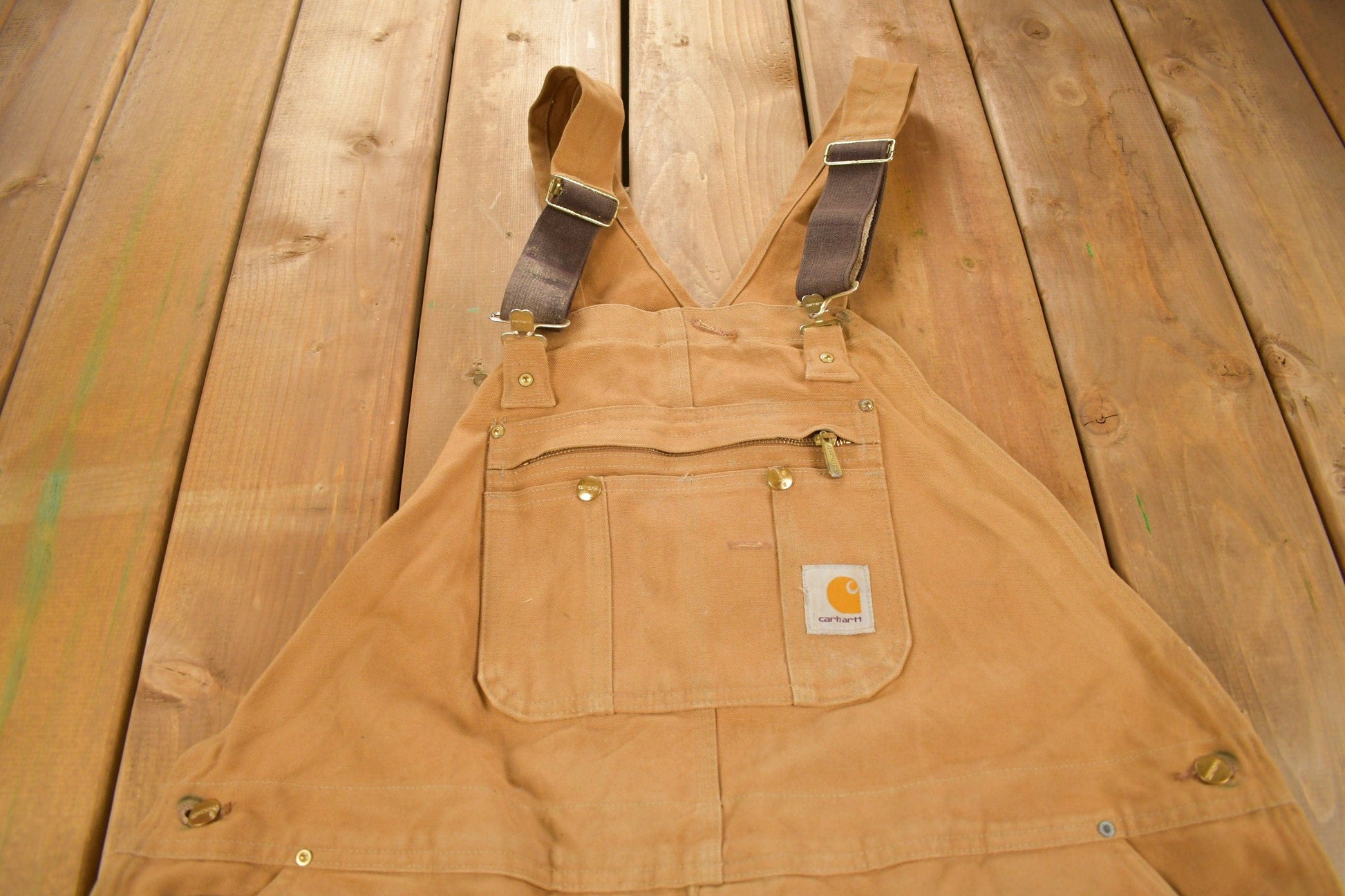 Vintage 1990s Carhartt Beige Double Knee Canvas Quilted Overalls Men's 46 x 30 from propervintagecanada