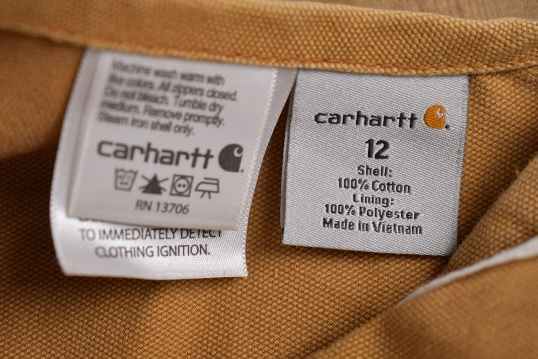 Vintage 1990s Carhartt Beige Double Knee Canvas Quilted Overalls Youth 12 from propervintagecanada