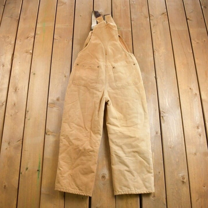 Vintage 1990s Carhartt Beige Double Knee Canvas Quilted Overalls Youth 12 from propervintagecanada