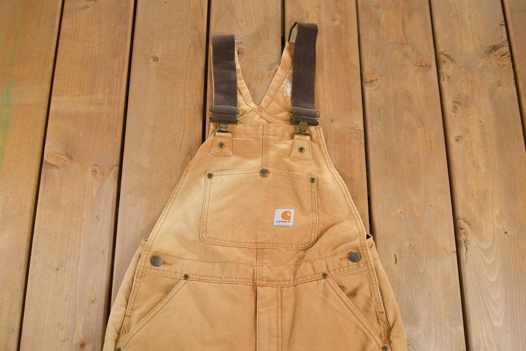 Vintage 1990s Carhartt Beige Double Knee Canvas Quilted Overalls Youth 12 from propervintagecanada
