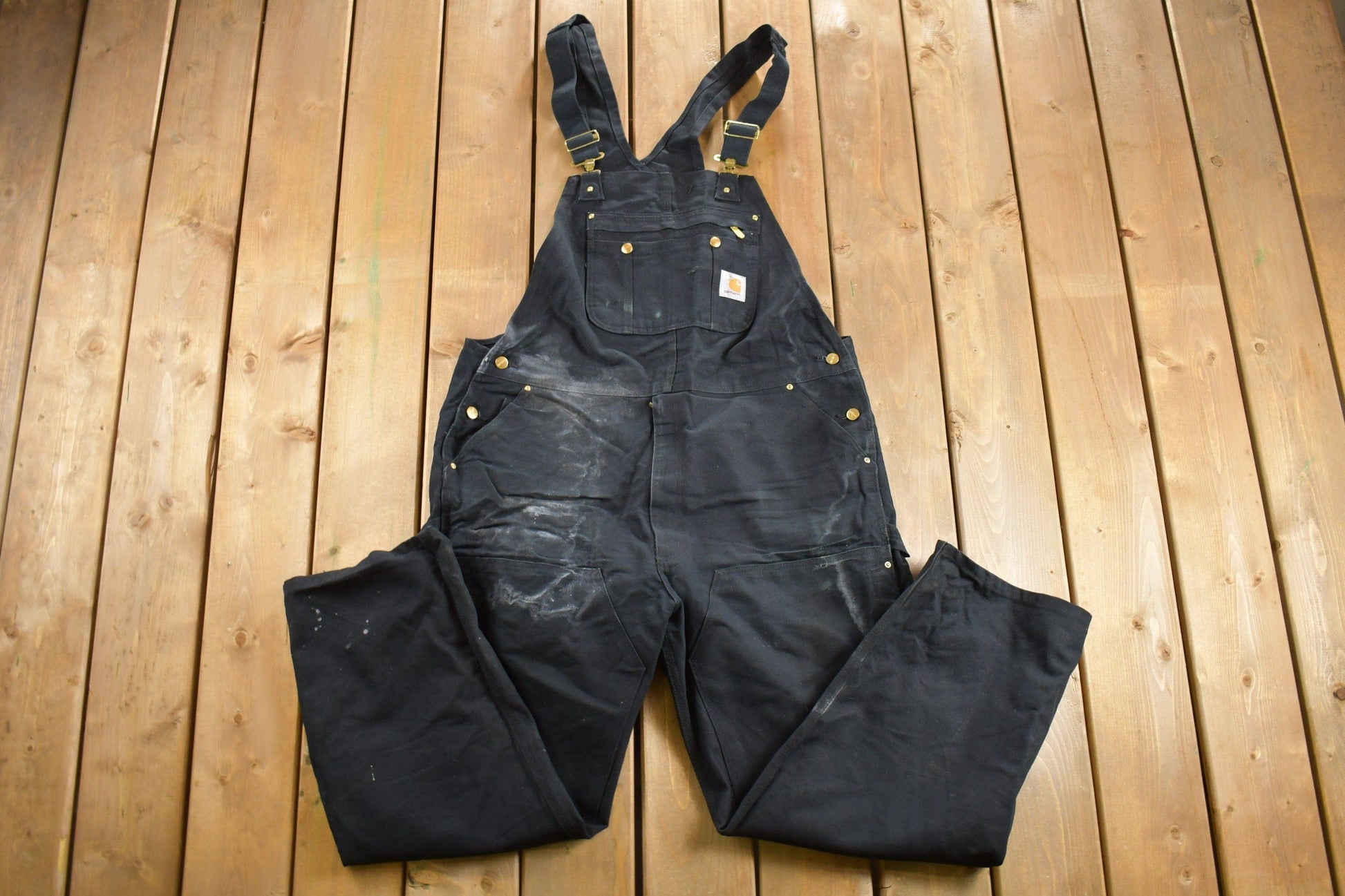 Vintage 1990s Carhartt Black Canvas Double Knee Overalls Men's 40 x 29 from propervintagecanada