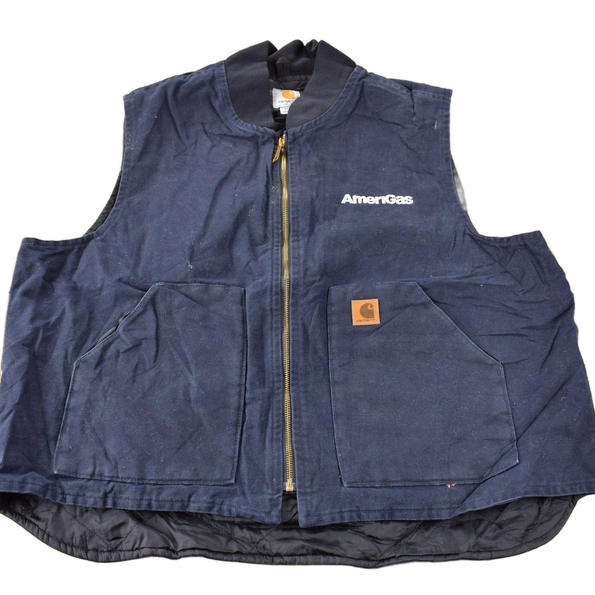 Vintage 1990s Carhartt Blue Embroidered Quilted Work Vest Men's 2XL from propervintagecanada