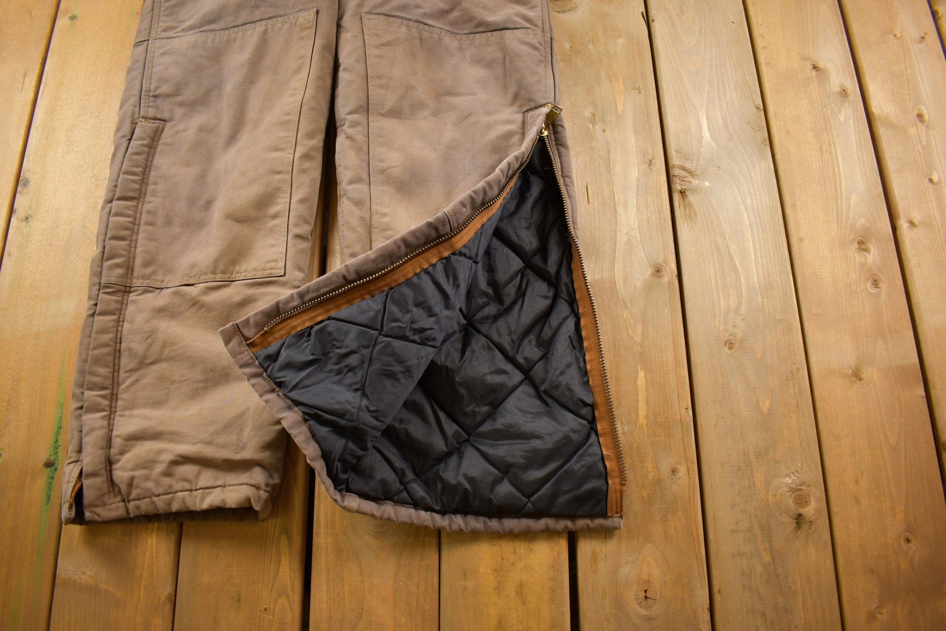 Vintage 1990s Carhartt Brown Double Knee Canvas Quilted Overalls Men's 36 x 28 from propervintagecanada
