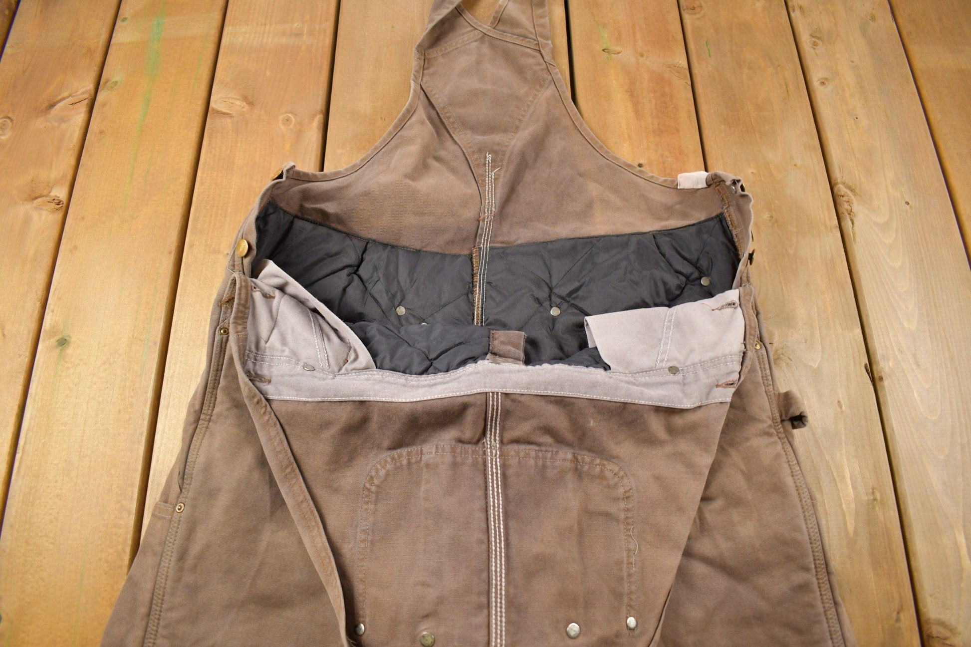 Vintage 1990s Carhartt Brown Double Knee Canvas Quilted Overalls Men's 36 x 28 from propervintagecanada