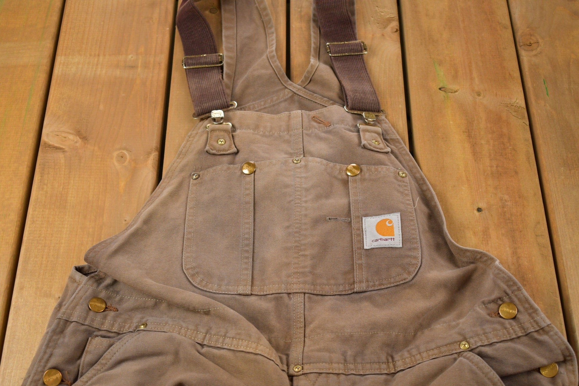 Vintage 1990s Carhartt Brown Double Knee Canvas Quilted Overalls Men's 36 x 28 from propervintagecanada