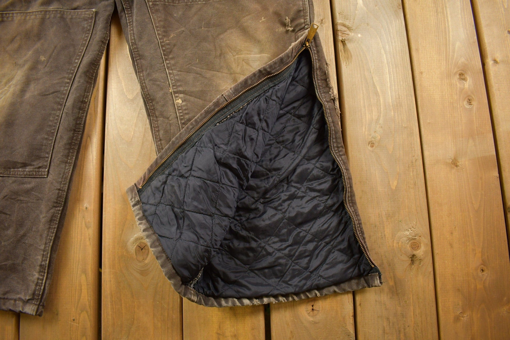 Vintage 1990s Carhartt Brown Double Knee Canvas Quilted Overalls Men's 48 x 30 from propervintagecanada