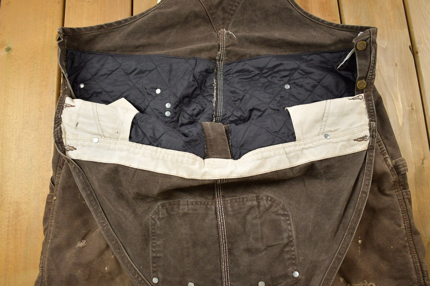 Vintage 1990s Carhartt Brown Double Knee Canvas Quilted Overalls Men's 48 x 30 from propervintagecanada