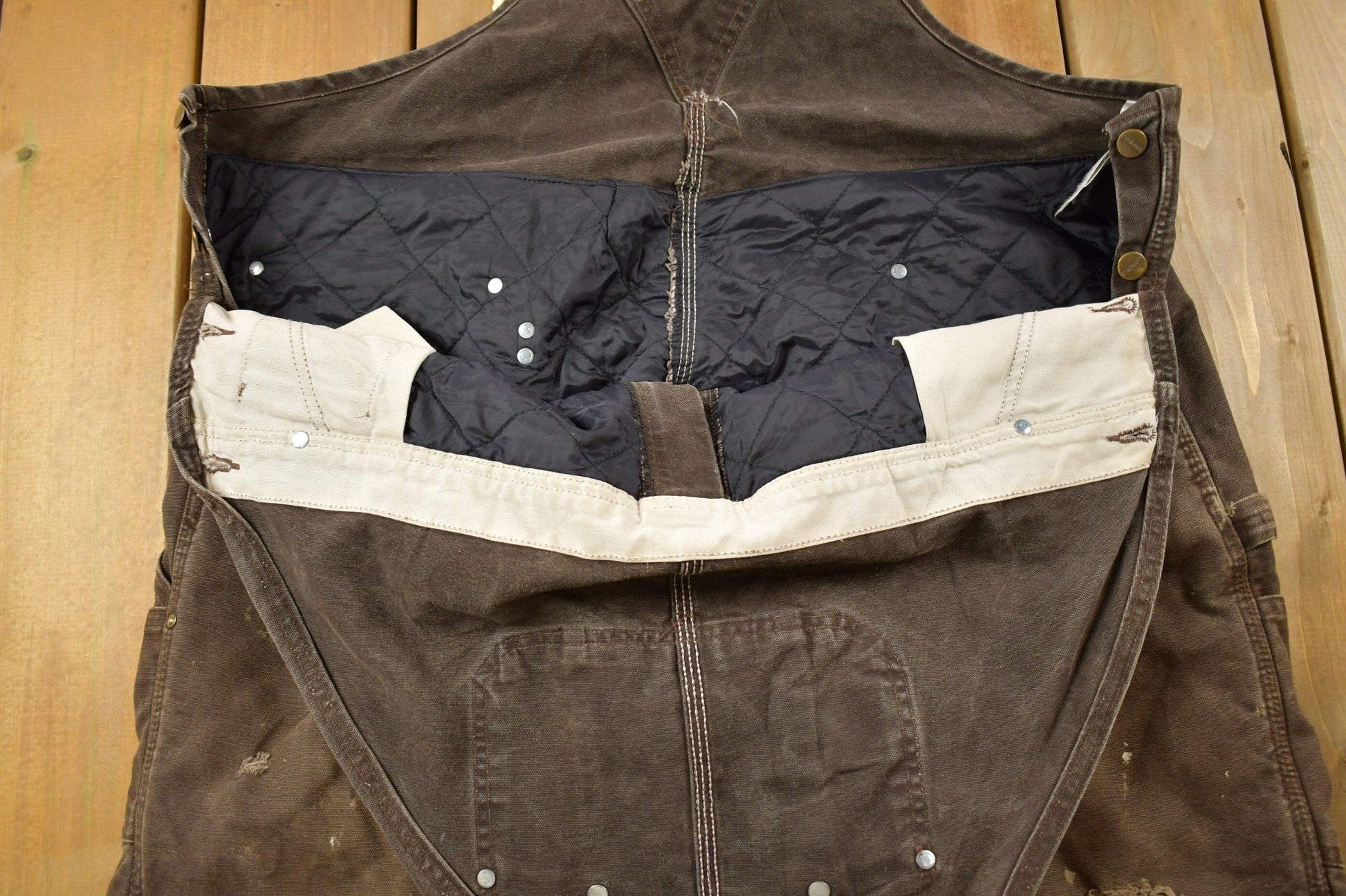 Vintage 1990s Carhartt Brown Double Knee Canvas Quilted Overalls Men's 48 x 30 from propervintagecanada