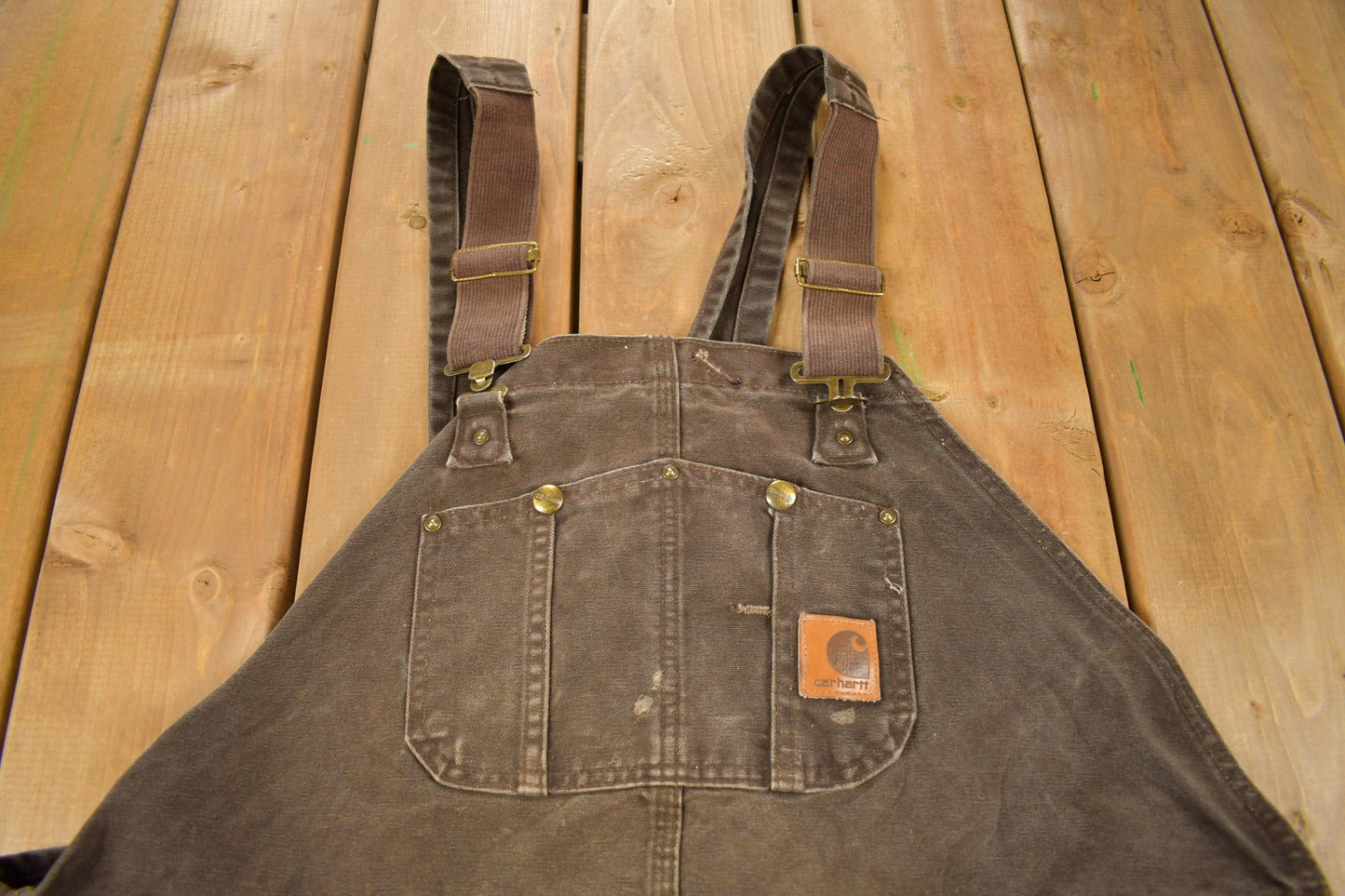 Vintage 1990s Carhartt Brown Double Knee Canvas Quilted Overalls Men's 48 x 30 from propervintagecanada