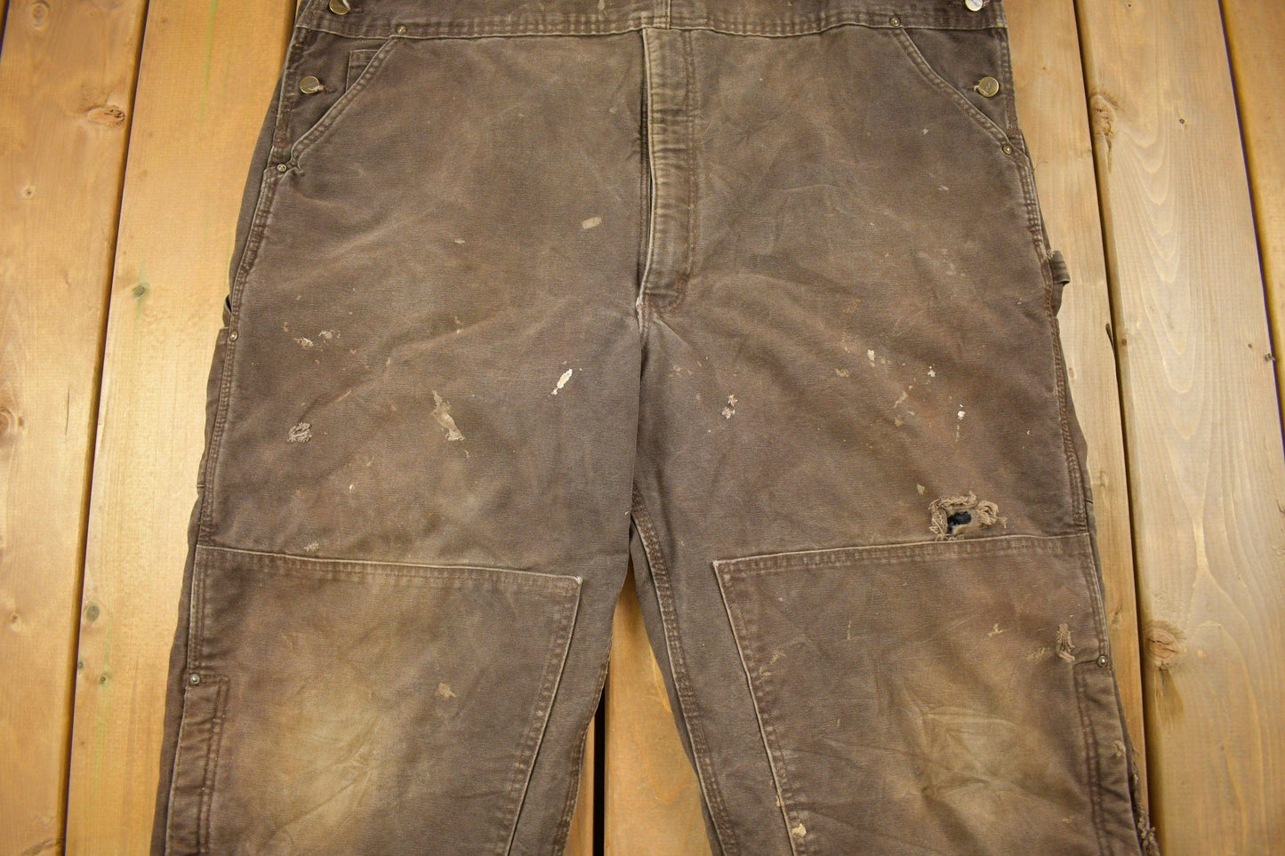 Vintage 1990s Carhartt Brown Double Knee Canvas Quilted Overalls Men's 48 x 30 from propervintagecanada