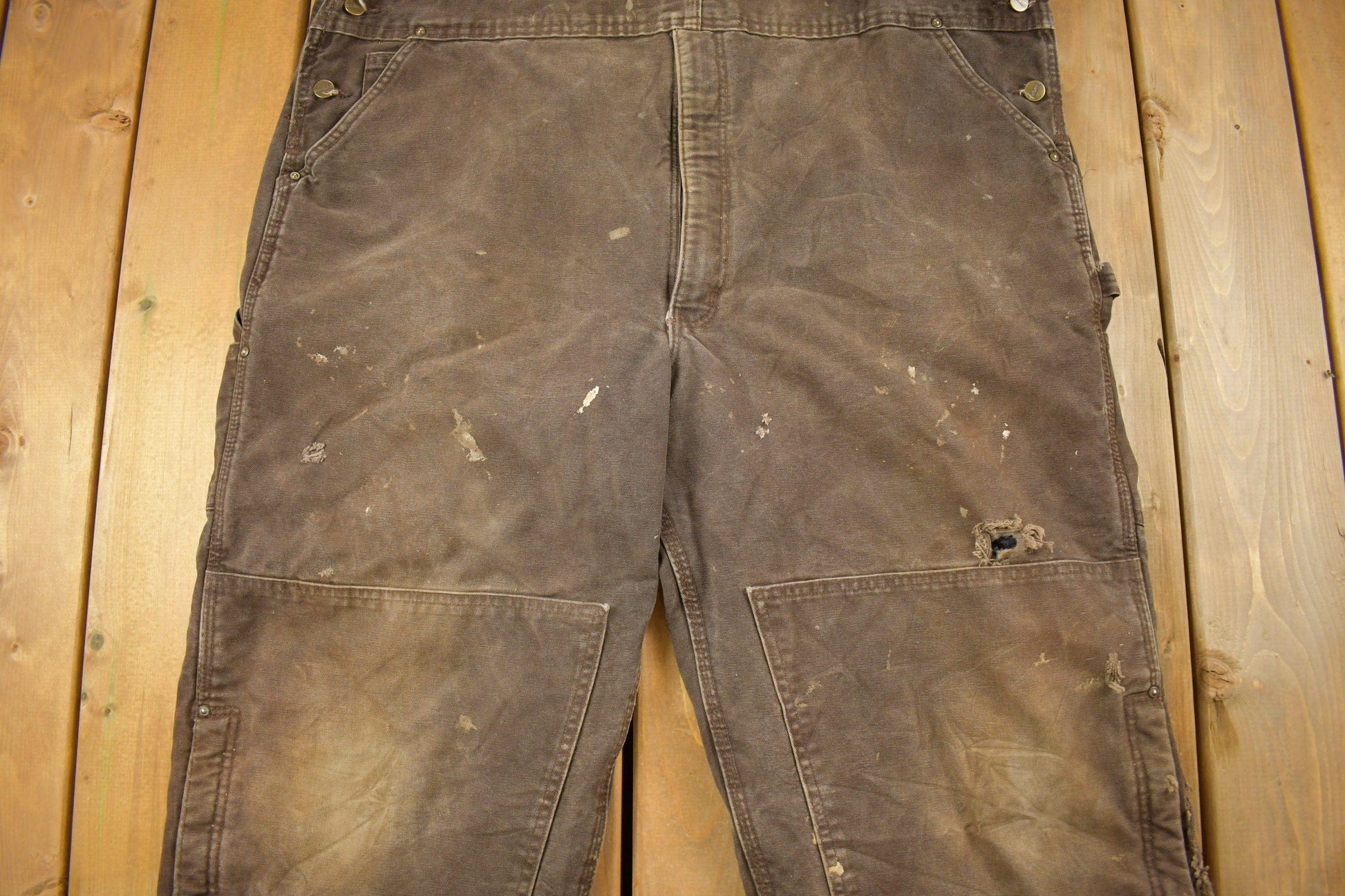 Vintage 1990s Carhartt Brown Double Knee Canvas Quilted Overalls Men's 48 x 30 from propervintagecanada