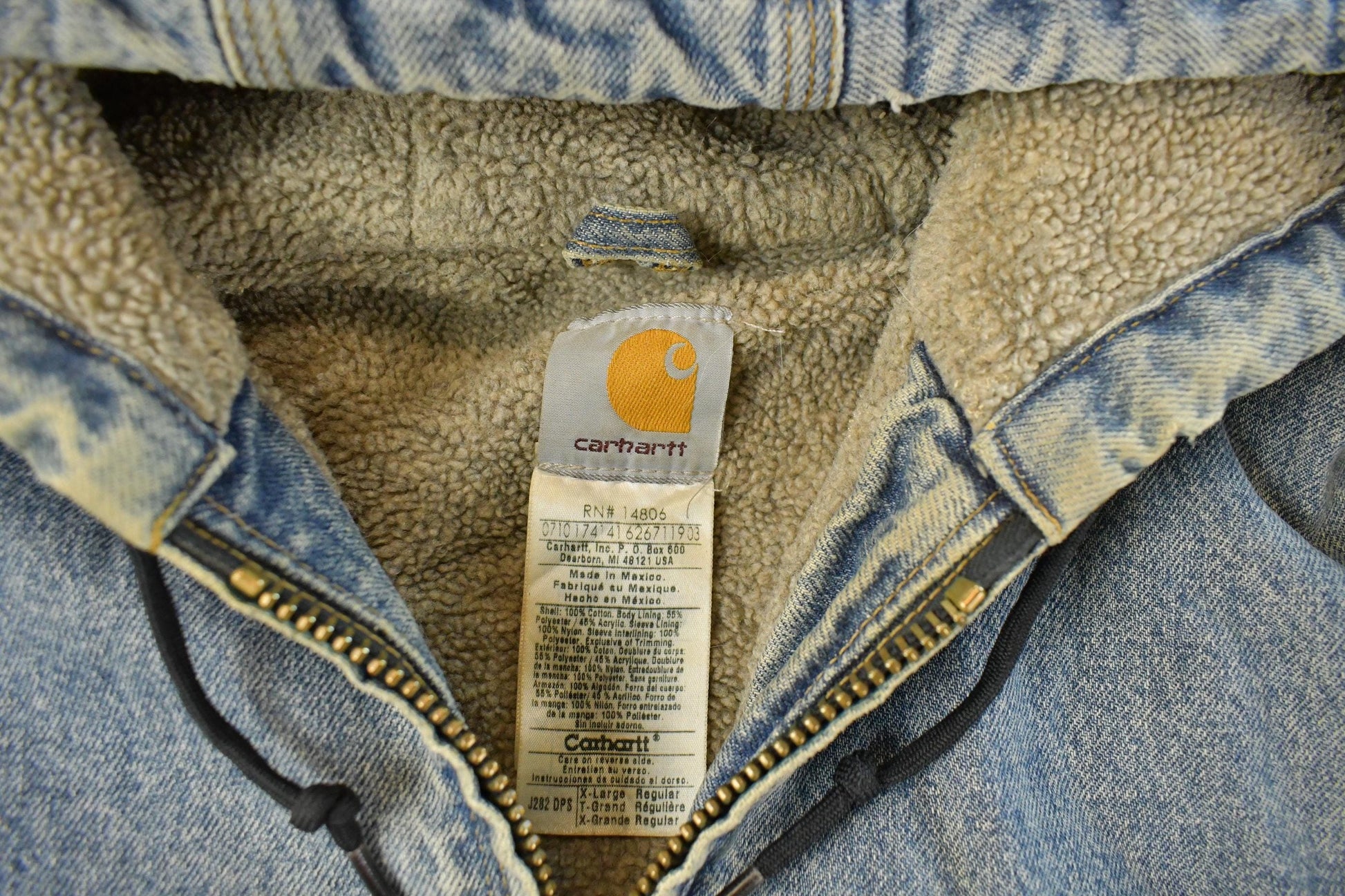 Vintage 1990s Carhartt Denim Sherpa Lined Hooded Jacket Men's XL from propervintagecanada