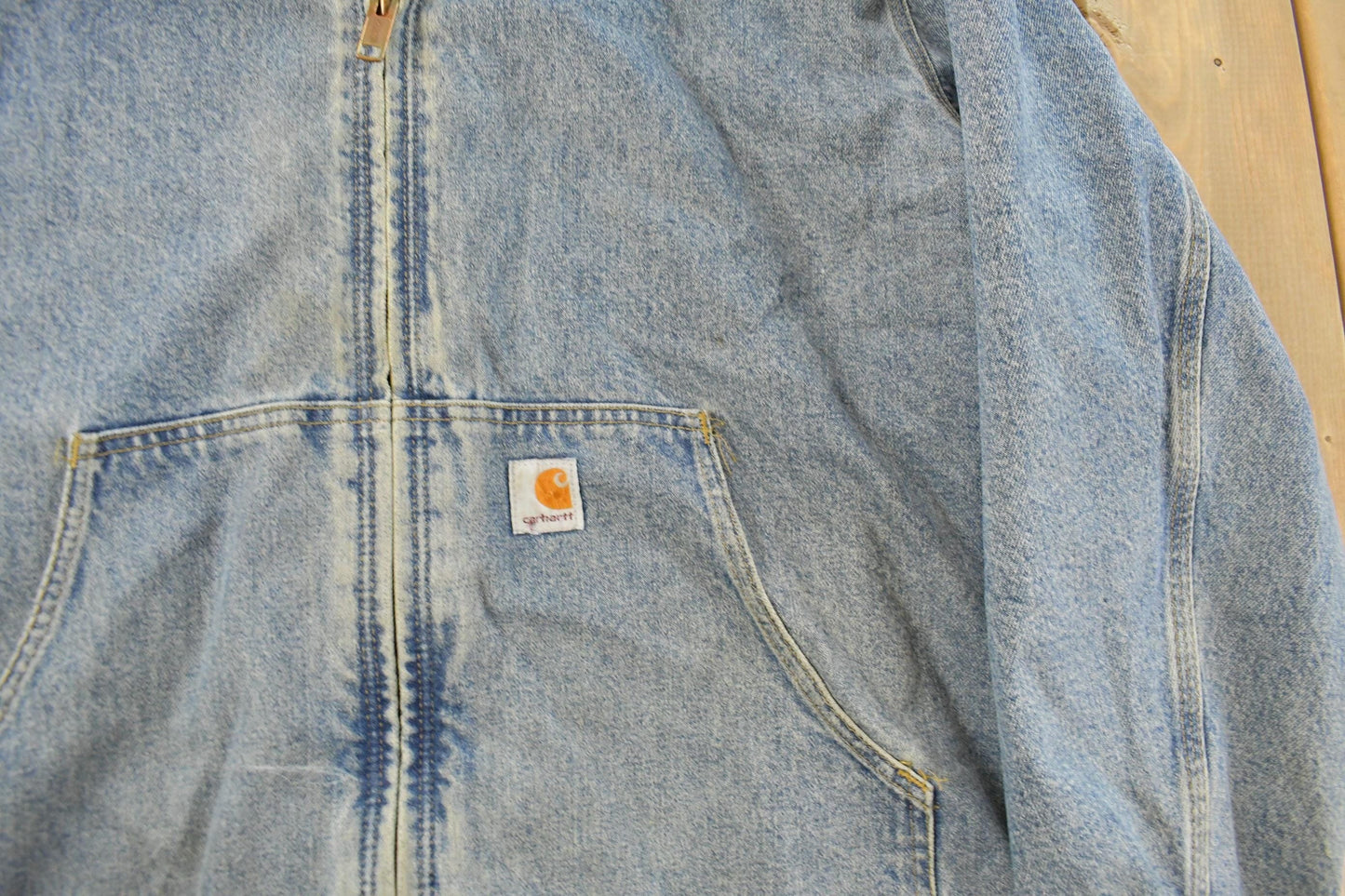 Vintage 1990s Carhartt Denim Sherpa Lined Hooded Jacket Men's XL from propervintagecanada