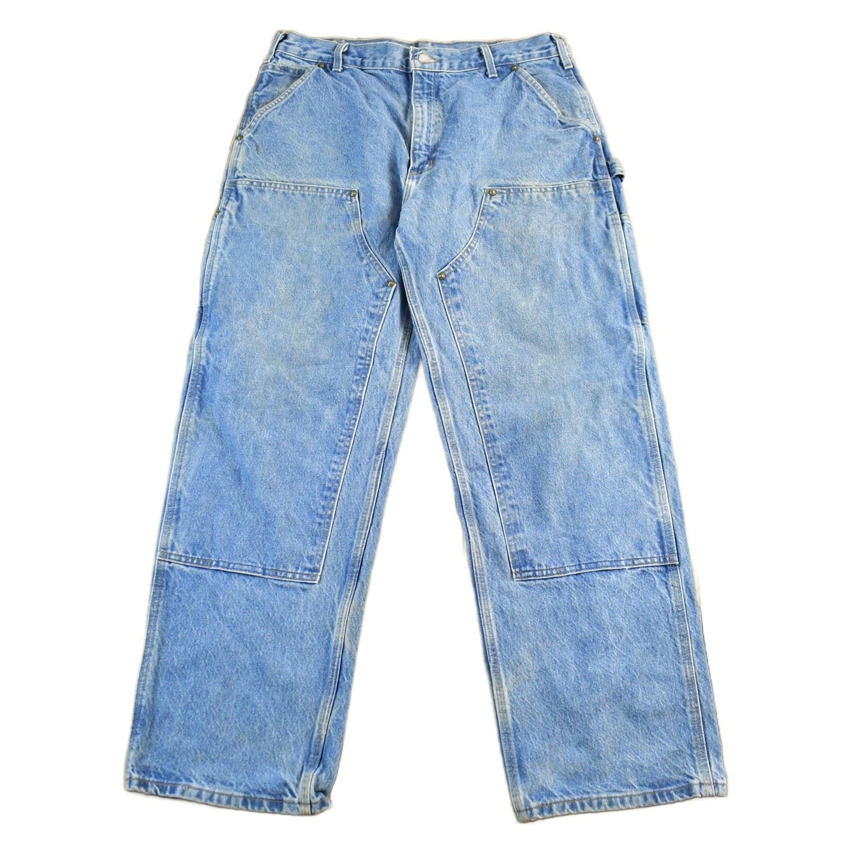 Vintage 1990s Carhartt Distressed Double Knee Denim Work Jeans Men's 34 x 30 from propervintagecanada