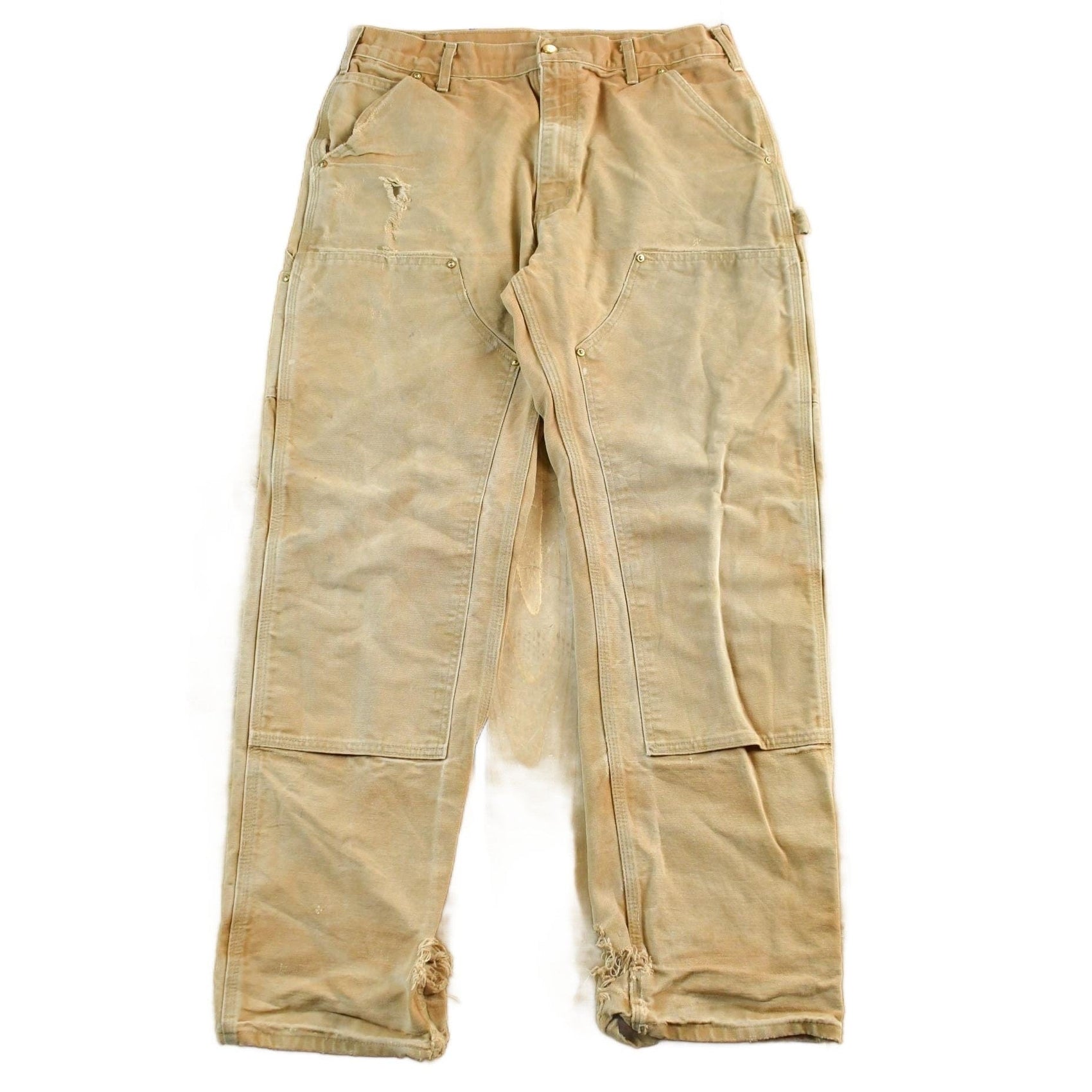 Vintage 1990s Carhartt Distressed Double Knee Denim Work Jeans Men's 34 x 32 from propervintagecanada