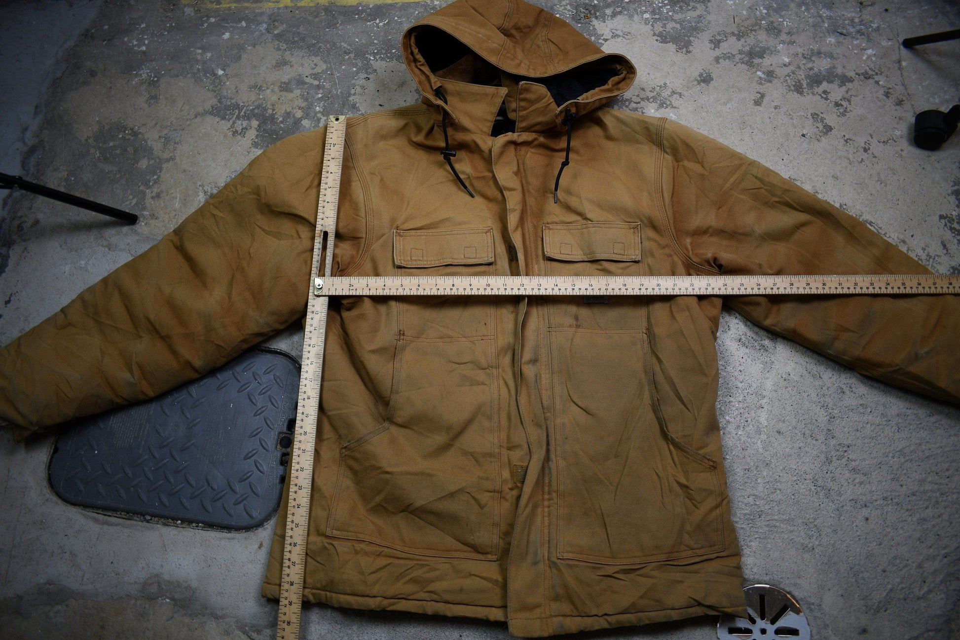 Vintage 1990s Carhartt Full Zip Detachable Hood Chore Coat / Streetwear Fashion / Distressed Carhartt / Hooded Canvas Bomber Jacket from propervintagecanada