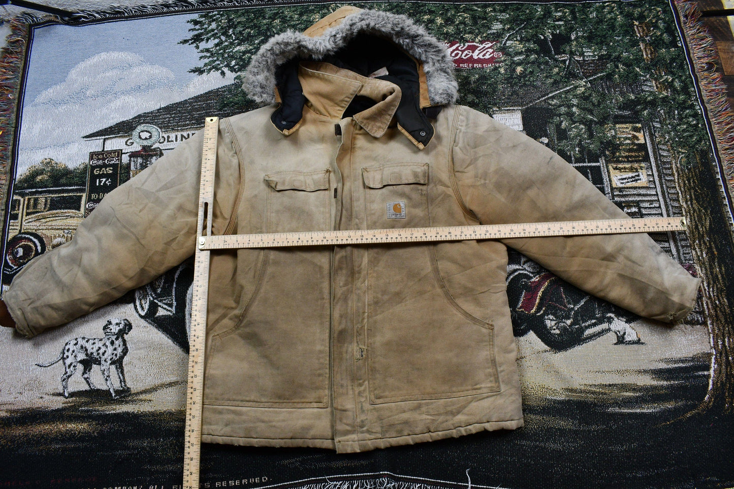 Vintage 1990s Carhartt Fur hood Full Zip Winter Workwear Chore Coat Men's XL from propervintagecanada