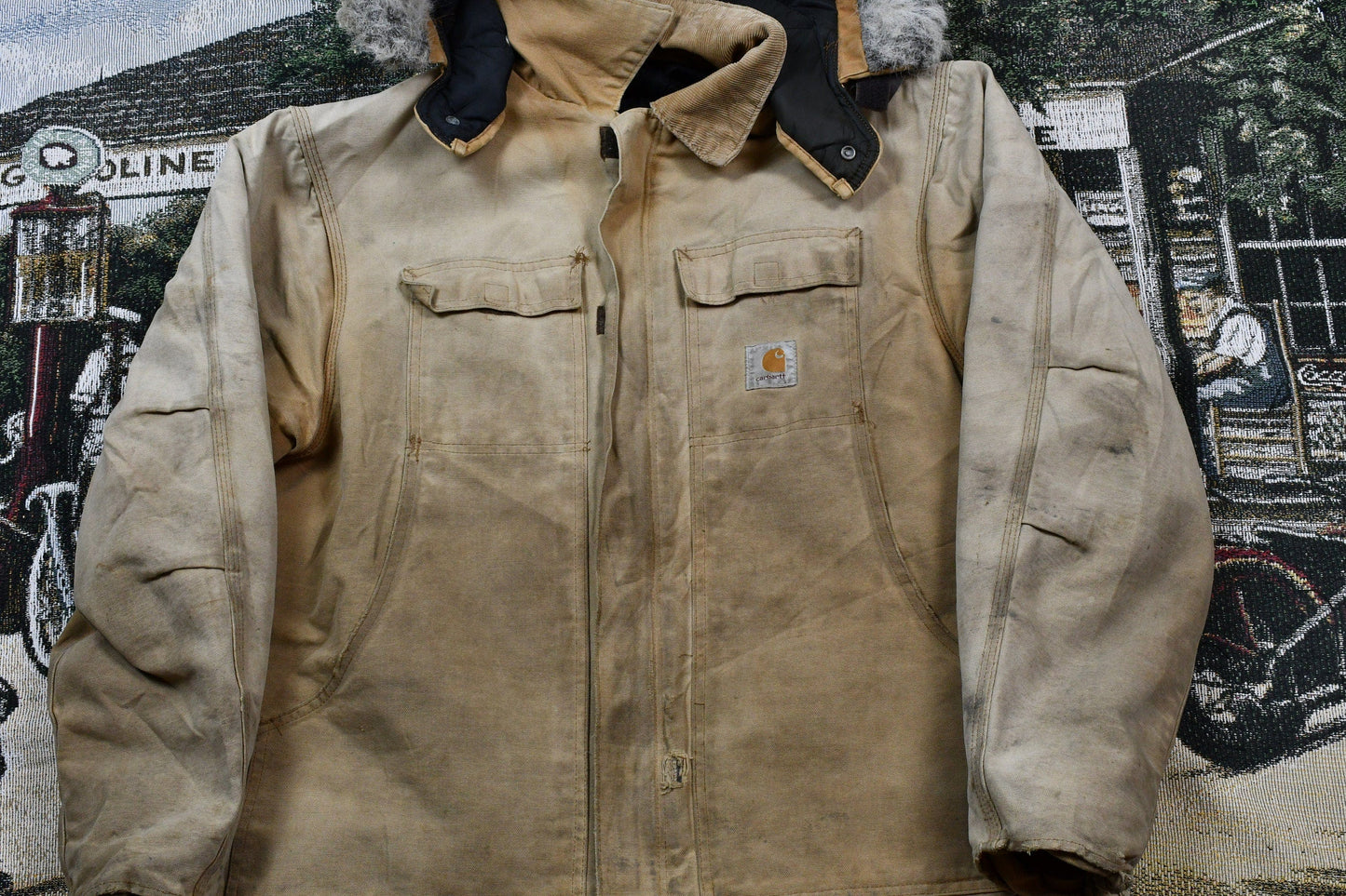 Vintage 1990s Carhartt Fur hood Full Zip Winter Workwear Chore Coat Men's XL from propervintagecanada