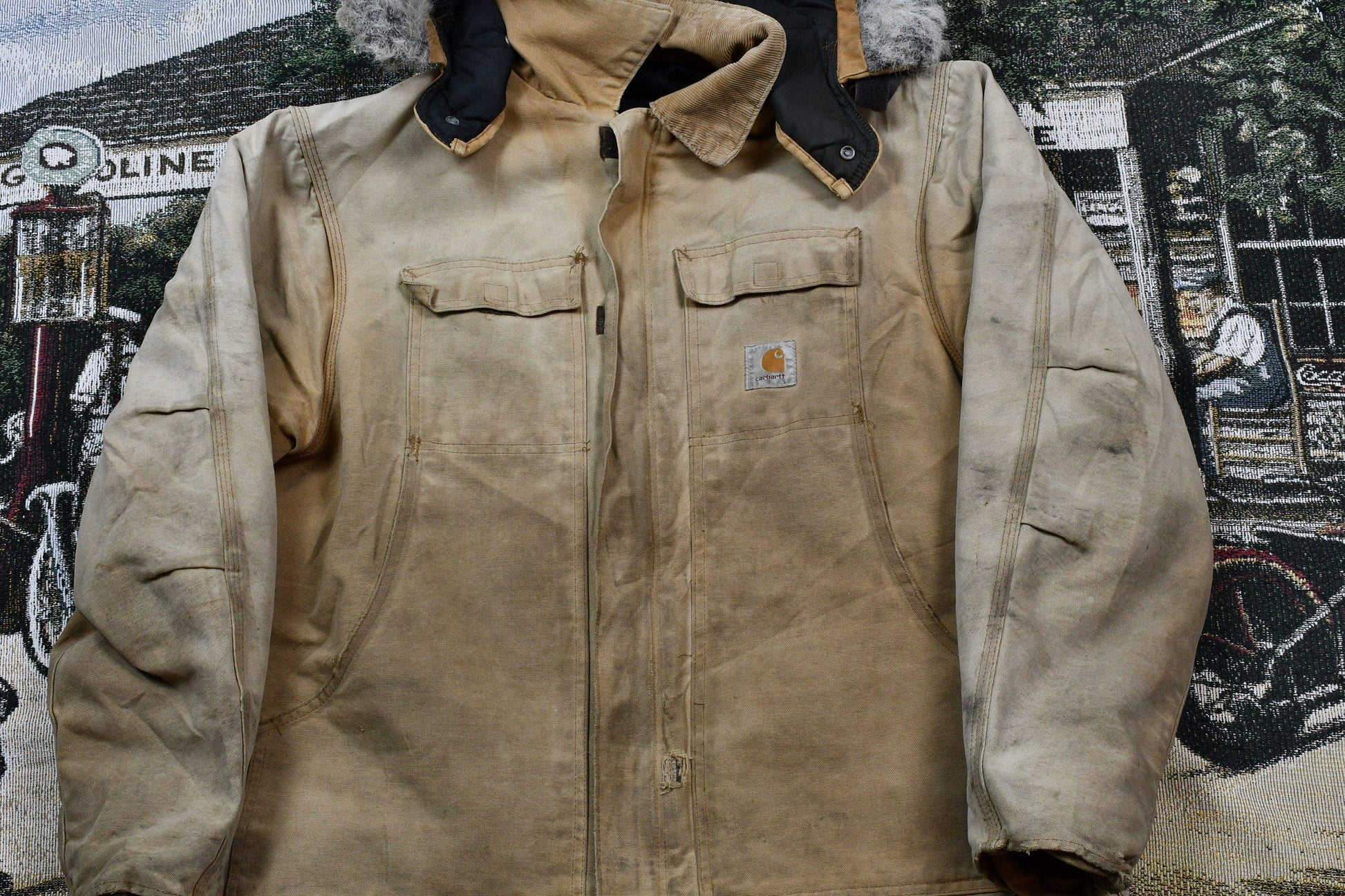 Vintage 1990s Carhartt Fur hood Full Zip Winter Workwear Chore Coat Men's XL from propervintagecanada