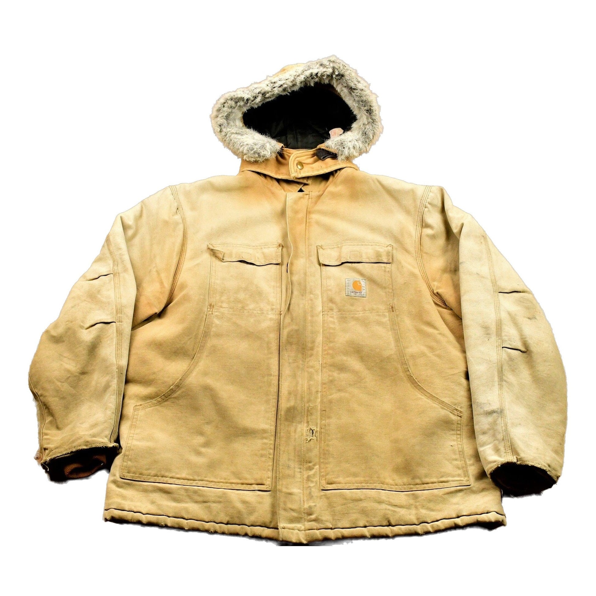 Vintage 1990s Carhartt Fur hood Full Zip Winter Workwear Chore Coat Men's XL from propervintagecanada