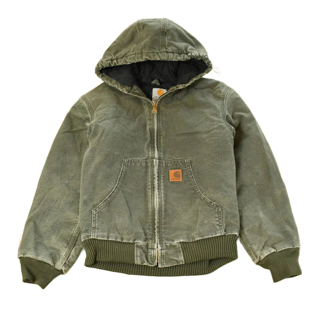Vintage 1990s Carhartt Hooded Distressed Work Jacket Youth Large from propervintagecanada