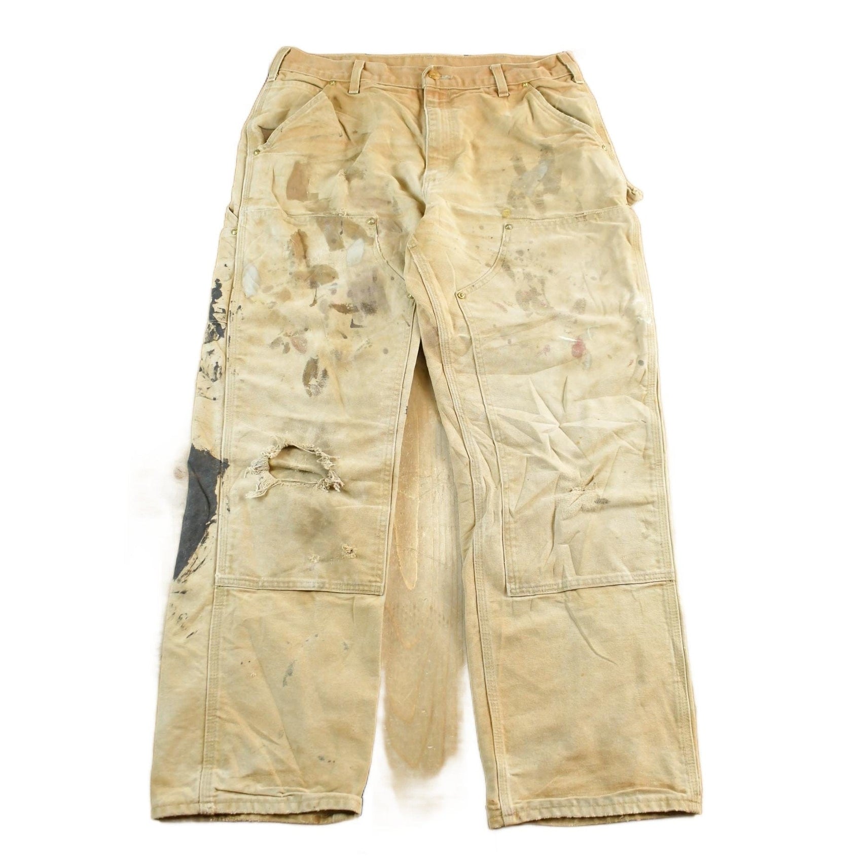 Vintage 1990s Carhartt Paint Distressed Double Knee Denim Work Jeans Men's Medium 34 x 29 from propervintagecanada