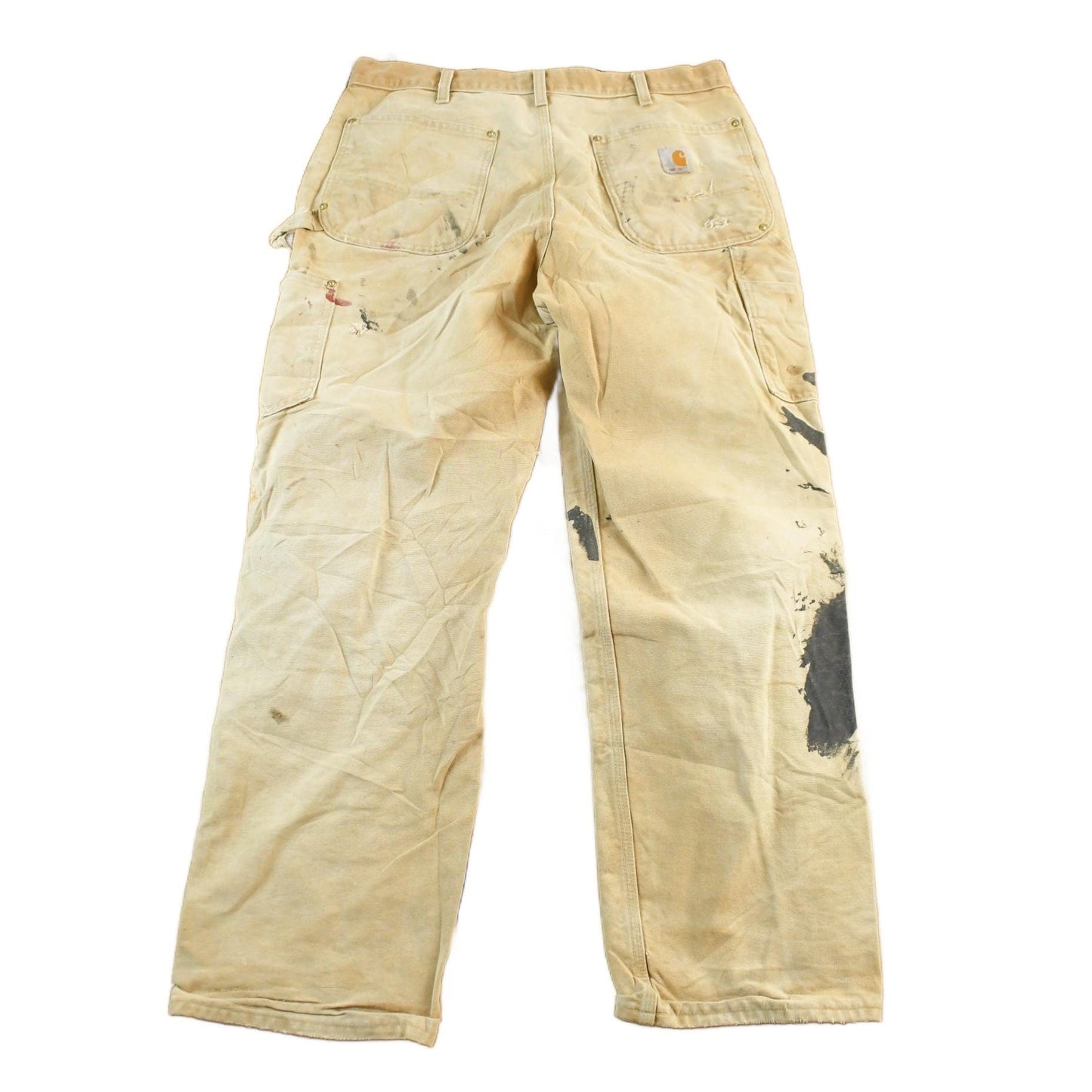 Vintage 1990s Carhartt Paint Distressed Double Knee Denim Work Jeans Men's Medium 34 x 29 from propervintagecanada