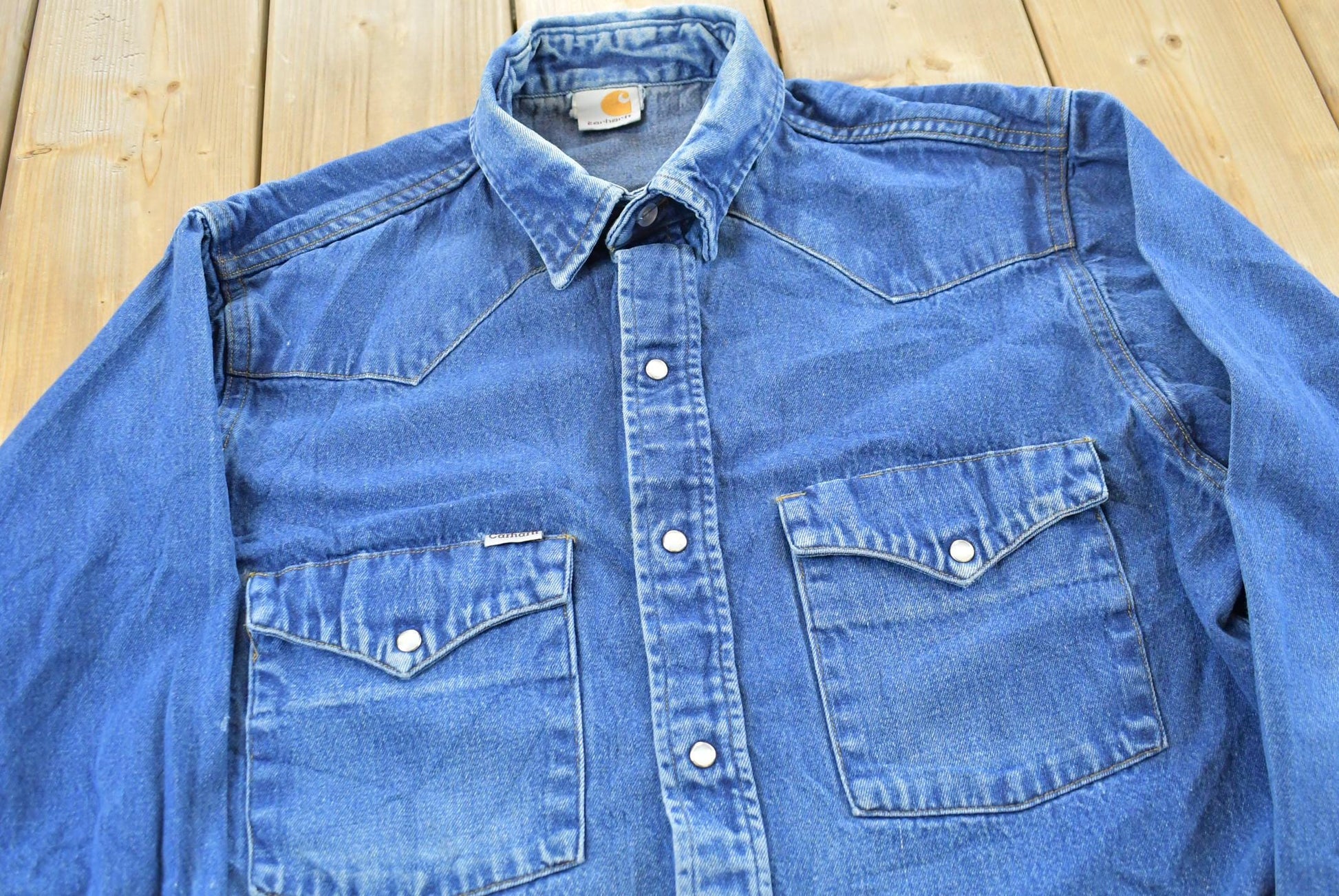 Vintage 1990s Carhartt Western Work Button Up Shirt Mens L from propervintagecanada