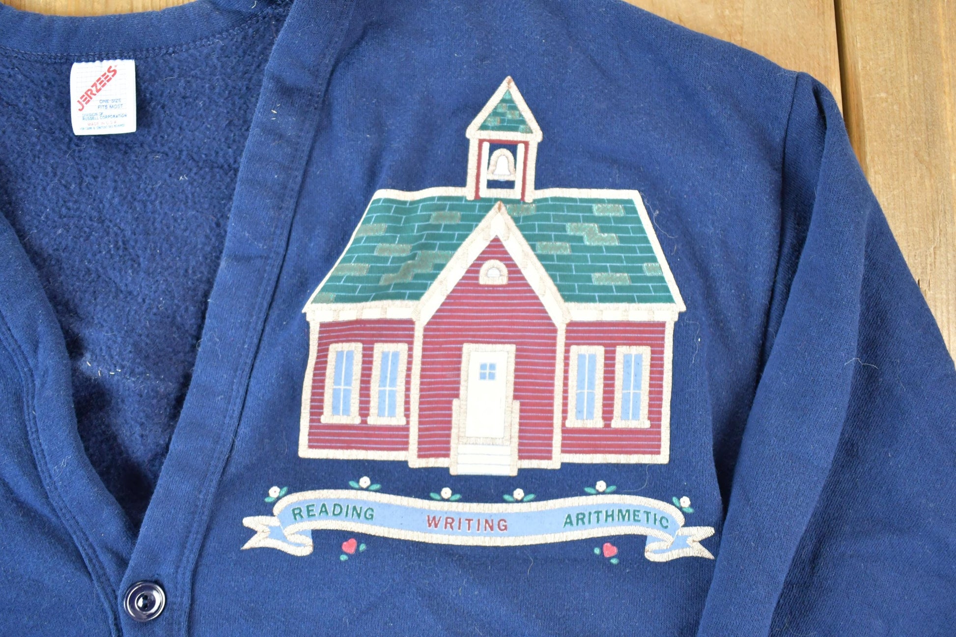 Vintage 1990s Cartoon Schoolhouse Cardigan Sweatshirt Mens L from propervintagecanada