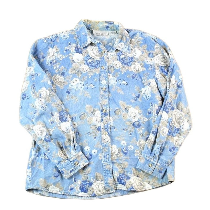 Vintage 1990s Casey And Max Denim AOP Floral Button Up Shirt Womens L from propervintagecanada