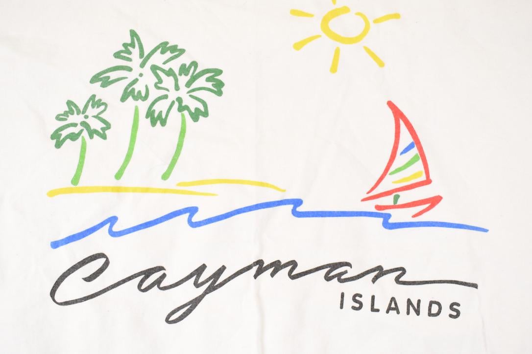 Vintage 1990s Cayman Islands Cartoon Sailboats Souvenir Travel T-Shirt Men's L from propervintagecanada