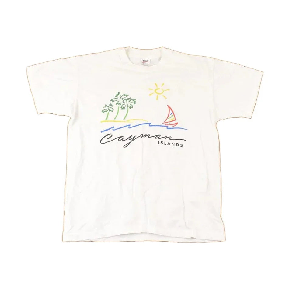 Vintage 1990s Cayman Islands Cartoon Sailboats Souvenir Travel T-Shirt Men's L from propervintagecanada