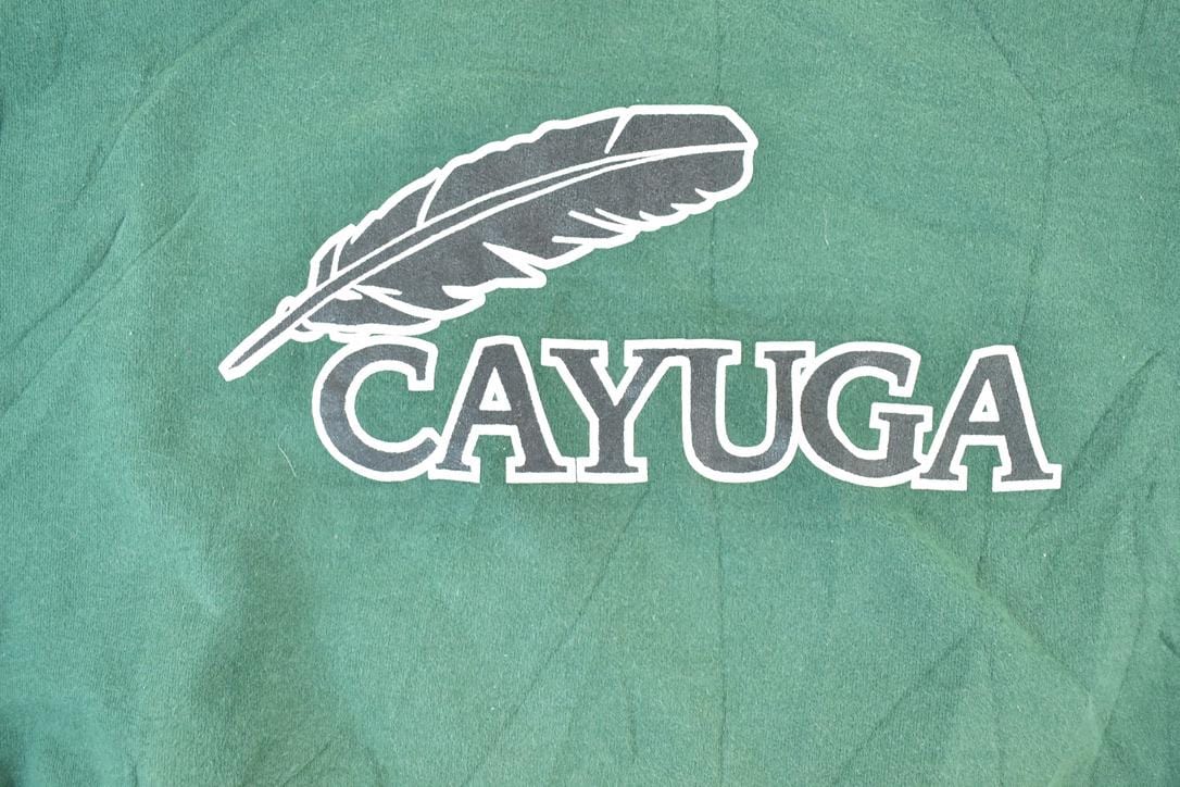 Vintage 1990s Cayuga Feather Logo Souvenir Heavyweight Crewneck Sweatshirt Men's XL from propervintagecanada