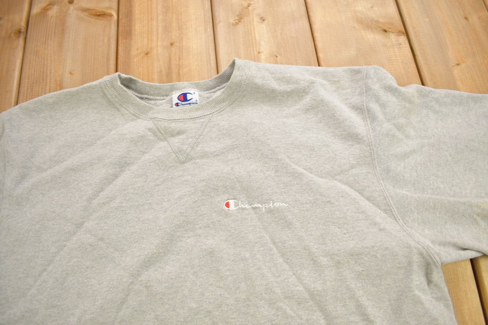 Vintage 1990s Champion Blank Grey Crewneck Sweatshirt Men's Medium from propervintagecanada