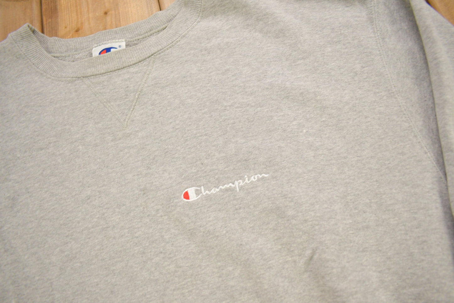 Vintage 1990s Champion Blank Grey Crewneck Sweatshirt Men's XL from propervintagecanada