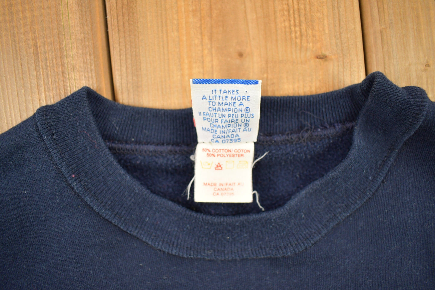 Vintage 1990s Champion Blank Navy Crewneck Sweatshirt Men's Large from propervintagecanada