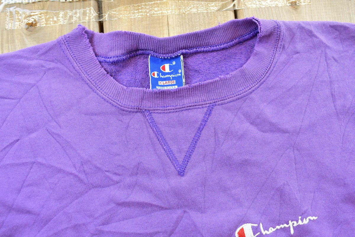 Vintage 1990s Champion Script Logo Purple Crewneck Sweatshirt Men's Medium from propervintagecanada