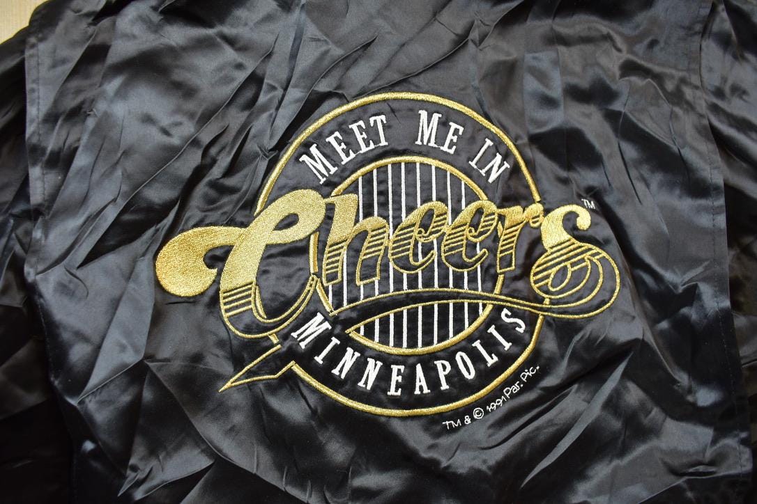 Vintage 1990s Cheers Boston Embroidered Satin Bomber Jacket Men's Large from propervintagecanada